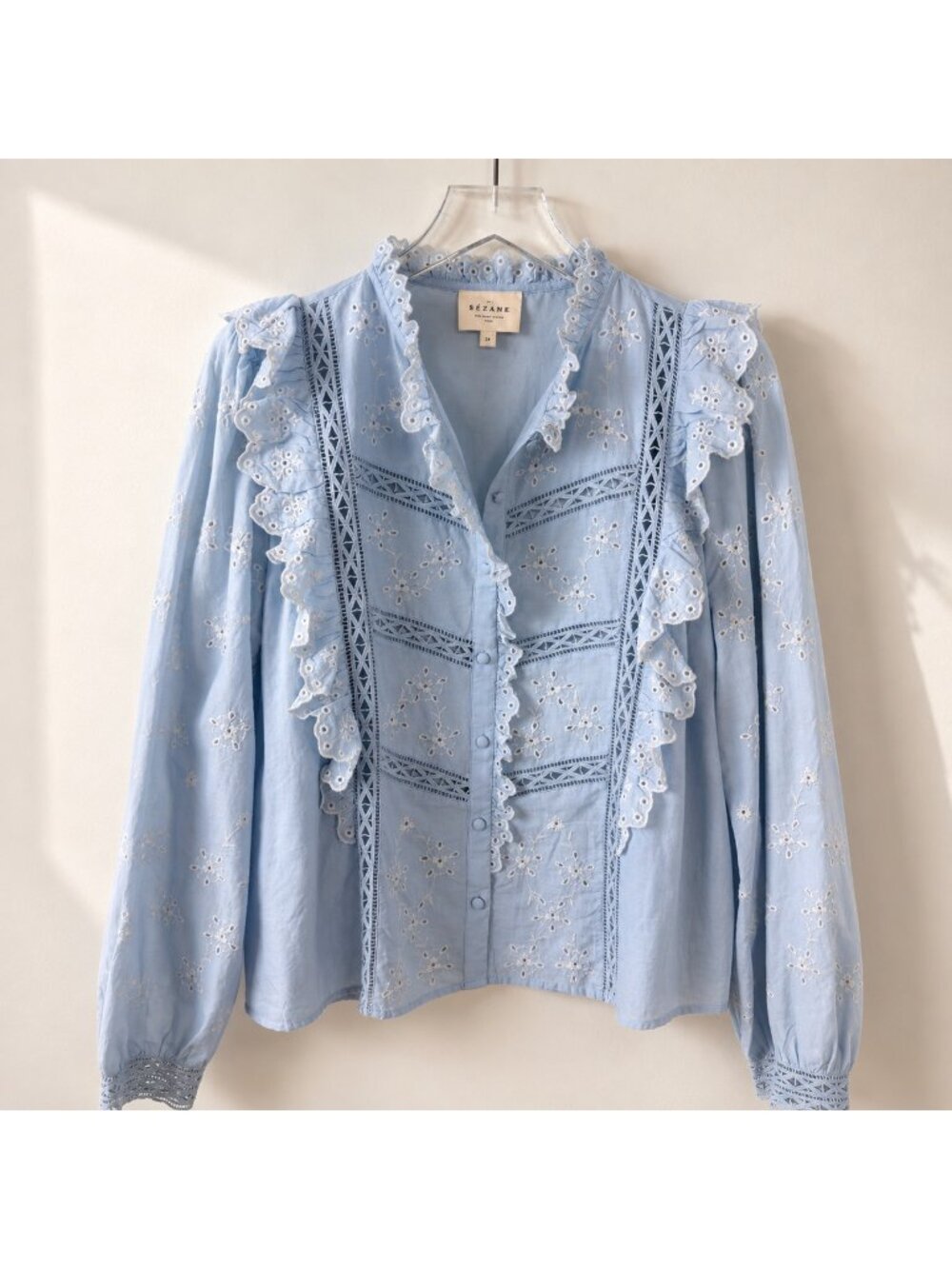 Sézane Irma Shirt Light Blue Ecru Embroidered Ruffle Blouse Size FR 46/ US 14 - Picture 7 of 16
